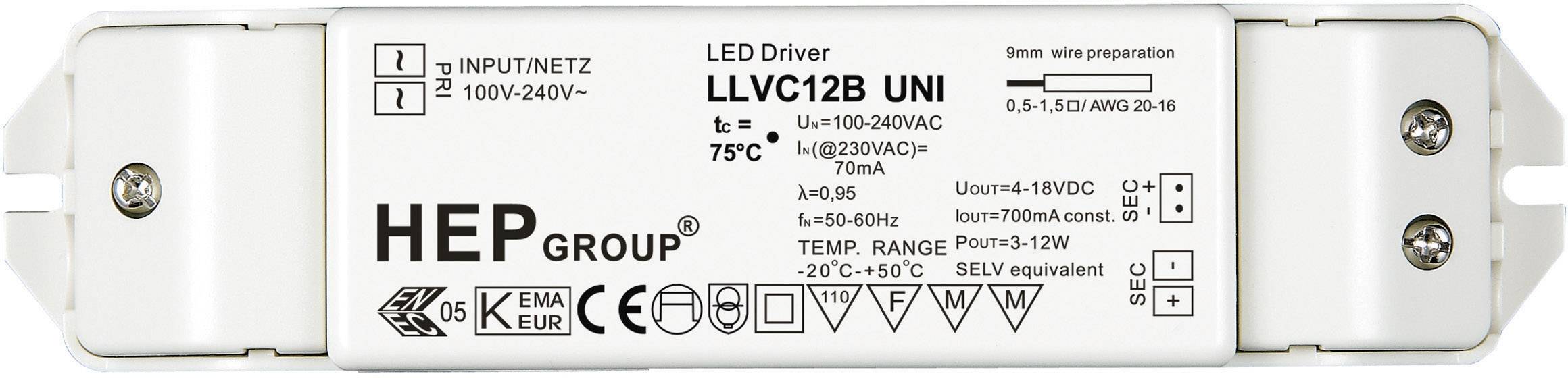 LED Driver 6-12W 700mA 8-18V (HEP LLVC12B UNI) 153x39x